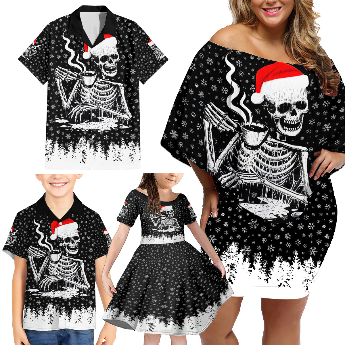 Skeleton Santa Claus Family Matching Off Shoulder Short Dress and Hawaiian Shirt Scary Skeleton Santa Claus Coming - Wonder Print Shop