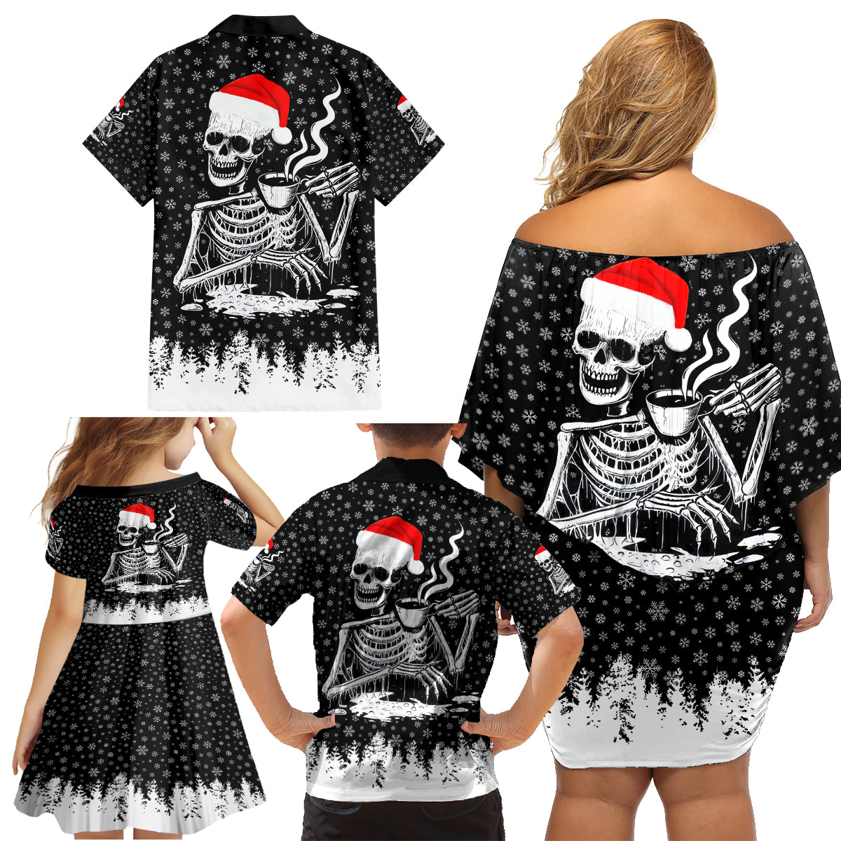 Skeleton Santa Claus Family Matching Off Shoulder Short Dress and Hawaiian Shirt Scary Skeleton Santa Claus Coming - Wonder Print Shop