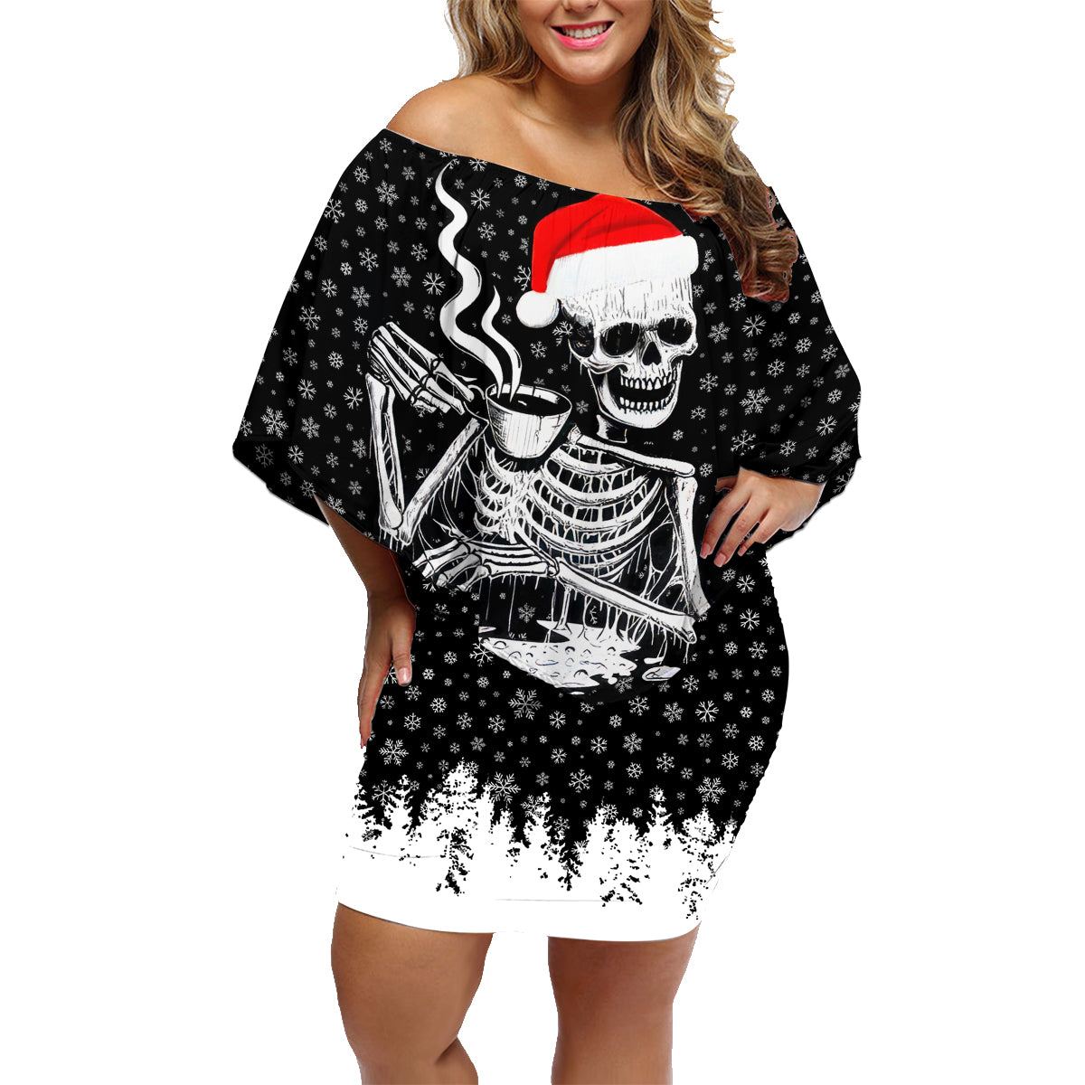 Skeleton Santa Claus Family Matching Off Shoulder Short Dress and Hawaiian Shirt Scary Skeleton Santa Claus Coming - Wonder Print Shop
