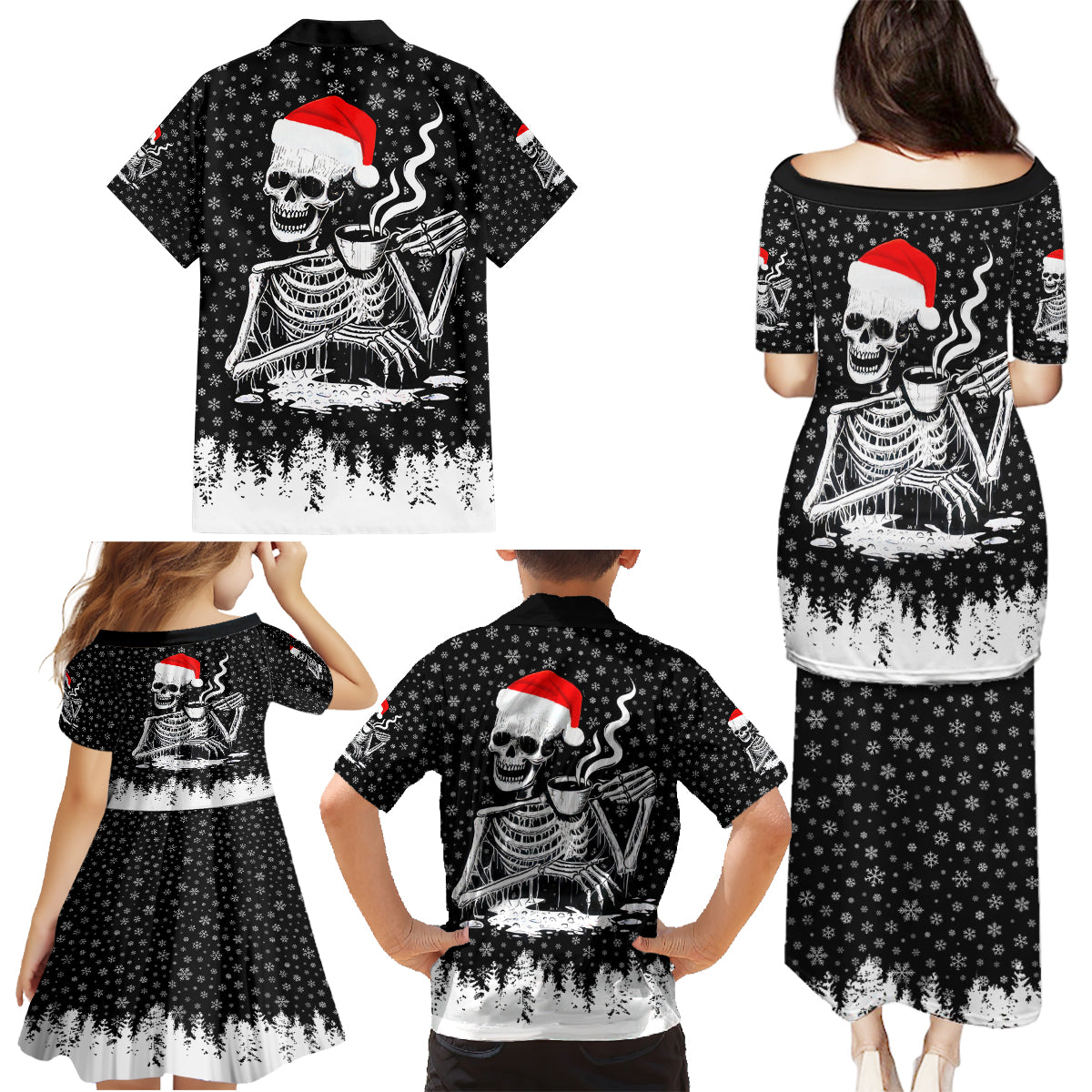 Skeleton Santa Claus Family Matching Puletasi Dress and Hawaiian Shirt Scary Skeleton Santa Claus Coming - Wonder Print Shop