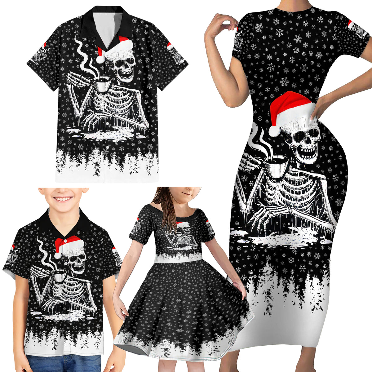Skeleton Santa Claus Family Matching Short Sleeve Bodycon Dress and Hawaiian Shirt Scary Skeleton Santa Claus Coming - Wonder Print Shop
