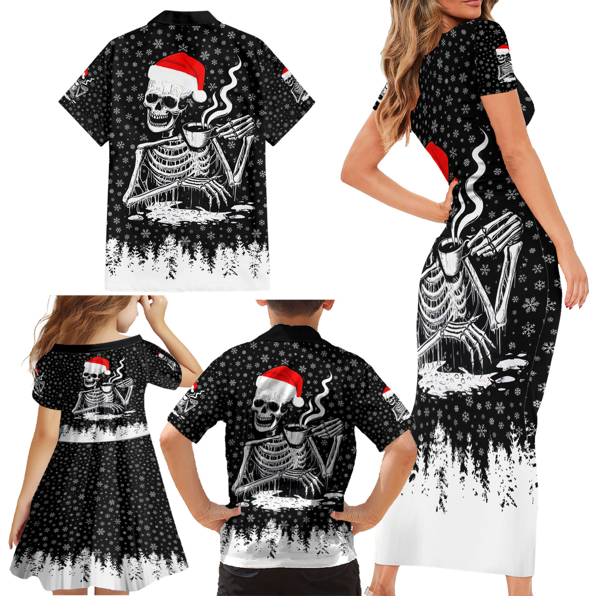 Skeleton Santa Claus Family Matching Short Sleeve Bodycon Dress and Hawaiian Shirt Scary Skeleton Santa Claus Coming - Wonder Print Shop