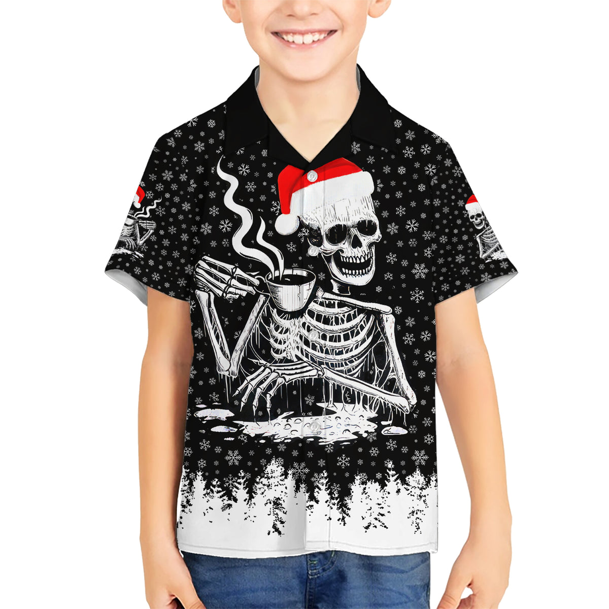 Skeleton Santa Claus Family Matching Short Sleeve Bodycon Dress and Hawaiian Shirt Scary Skeleton Santa Claus Coming - Wonder Print Shop