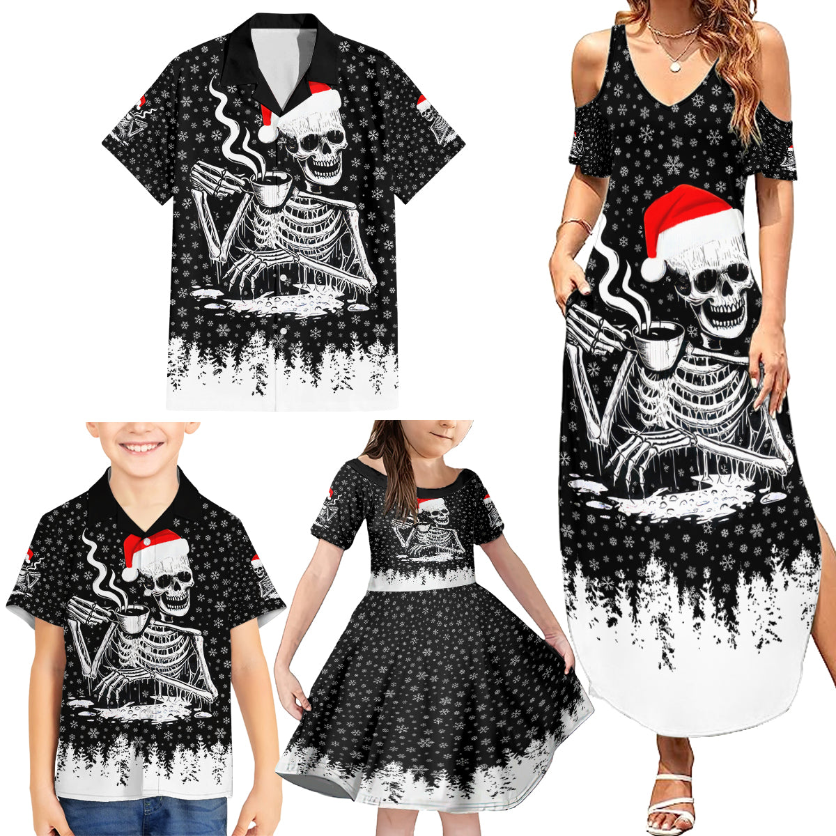 Skeleton Santa Claus Family Matching Summer Maxi Dress and Hawaiian Shirt Scary Skeleton Santa Claus Coming - Wonder Print Shop