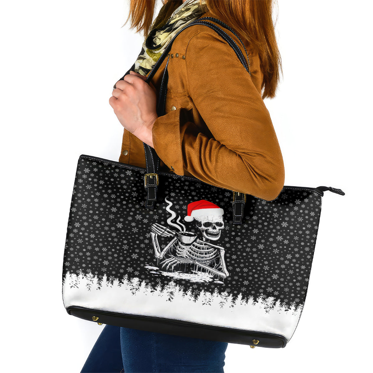 Skeleton Santa Claus Leather Tote Bag Scary Skeleton Santa Claus Coming - Wonder Print Shop
