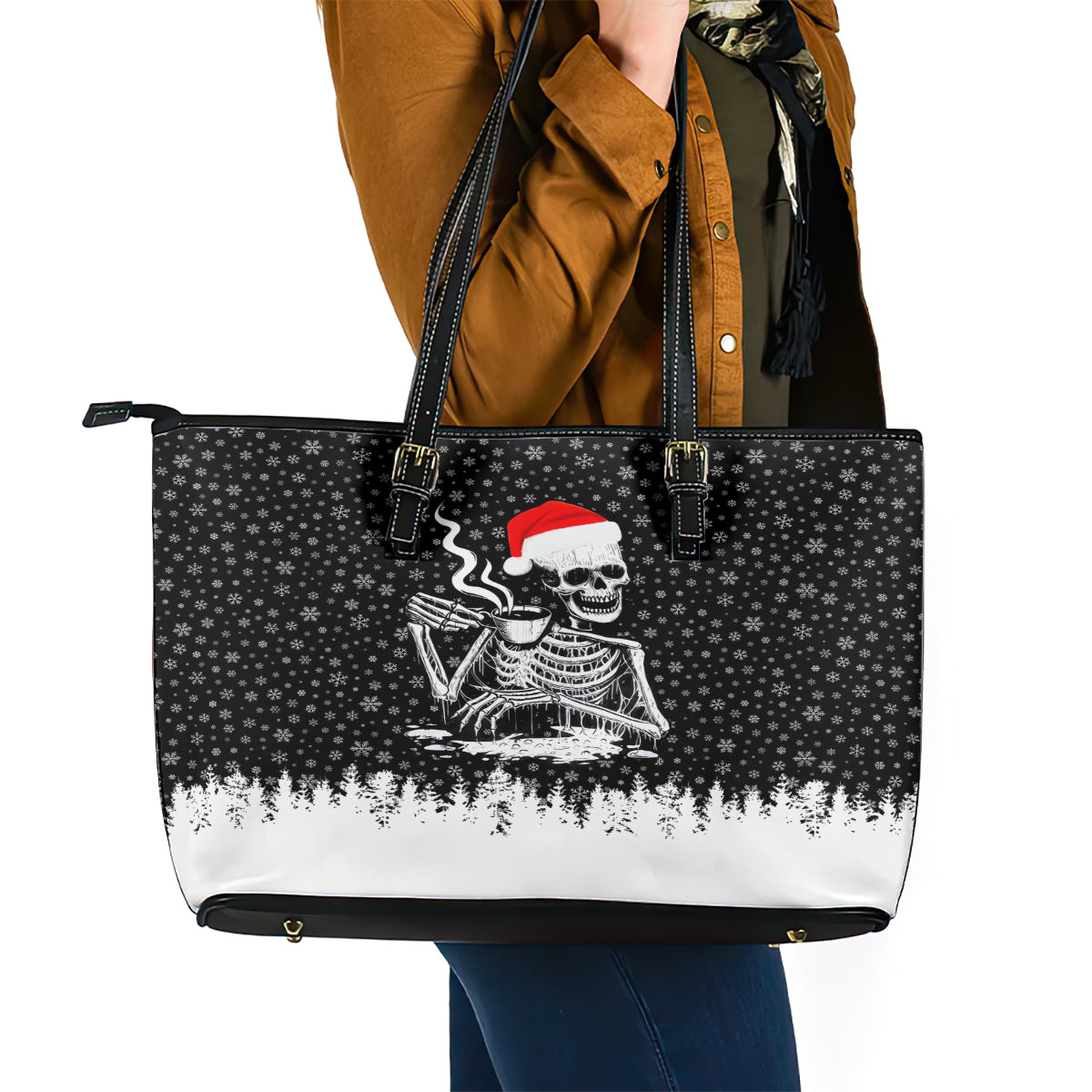 Skeleton Santa Claus Leather Tote Bag Scary Skeleton Santa Claus Coming - Wonder Print Shop