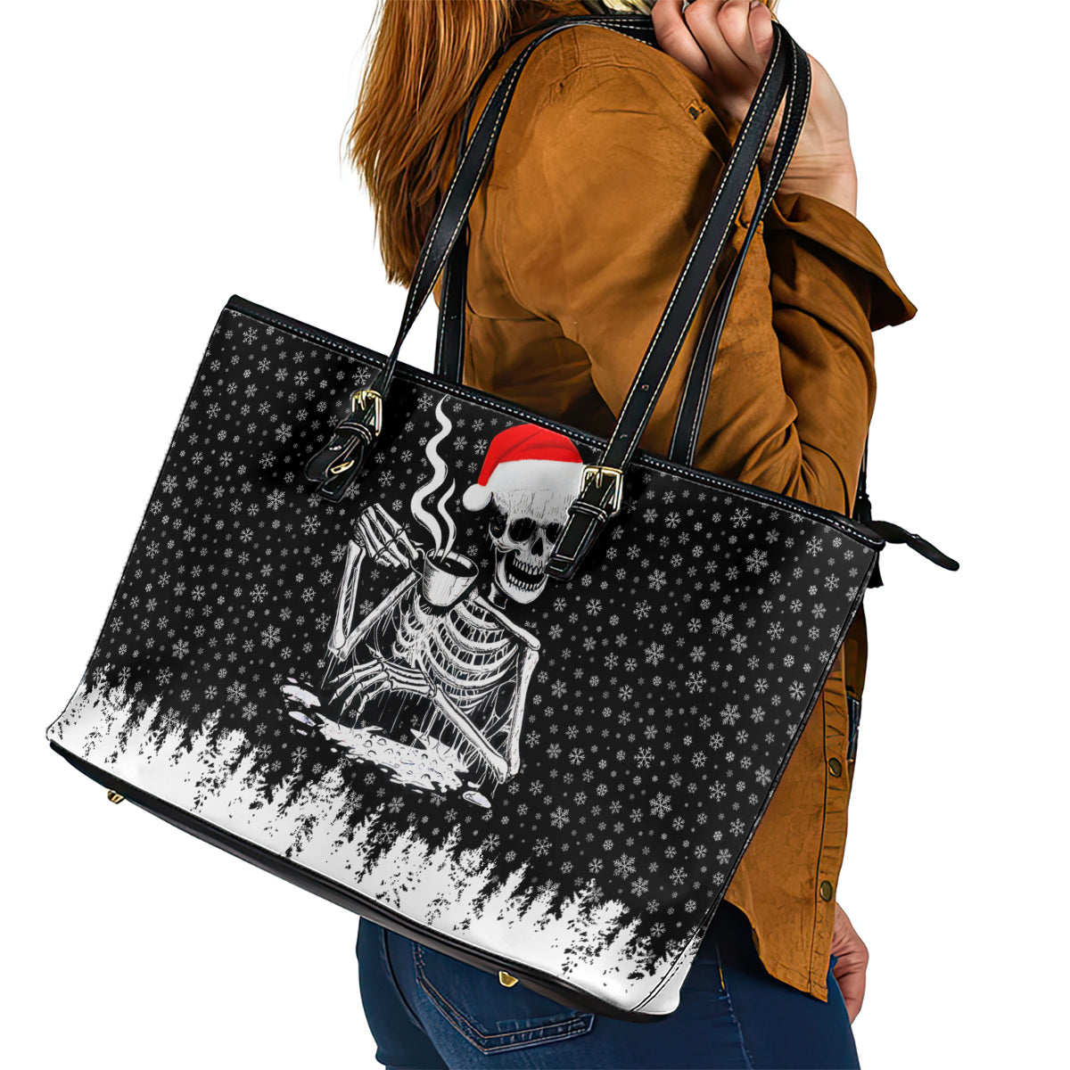 Skeleton Santa Claus Leather Tote Bag Scary Skeleton Santa Claus Coming - Wonder Print Shop