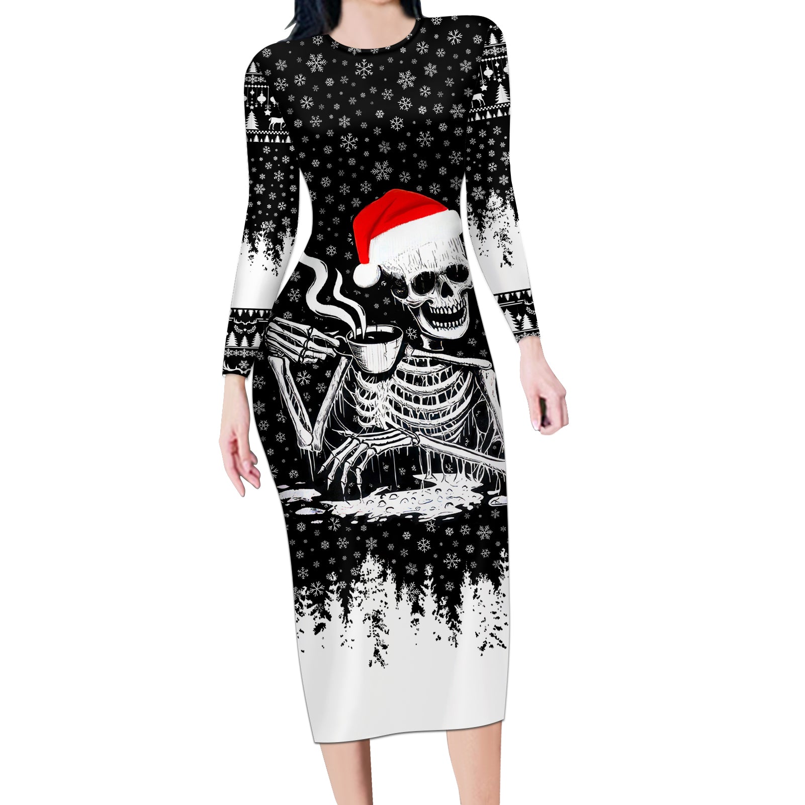 Skeleton Santa Claus Long Sleeve Bodycon Dress Scary Skeleton Santa Claus Coming - Wonder Print Shop