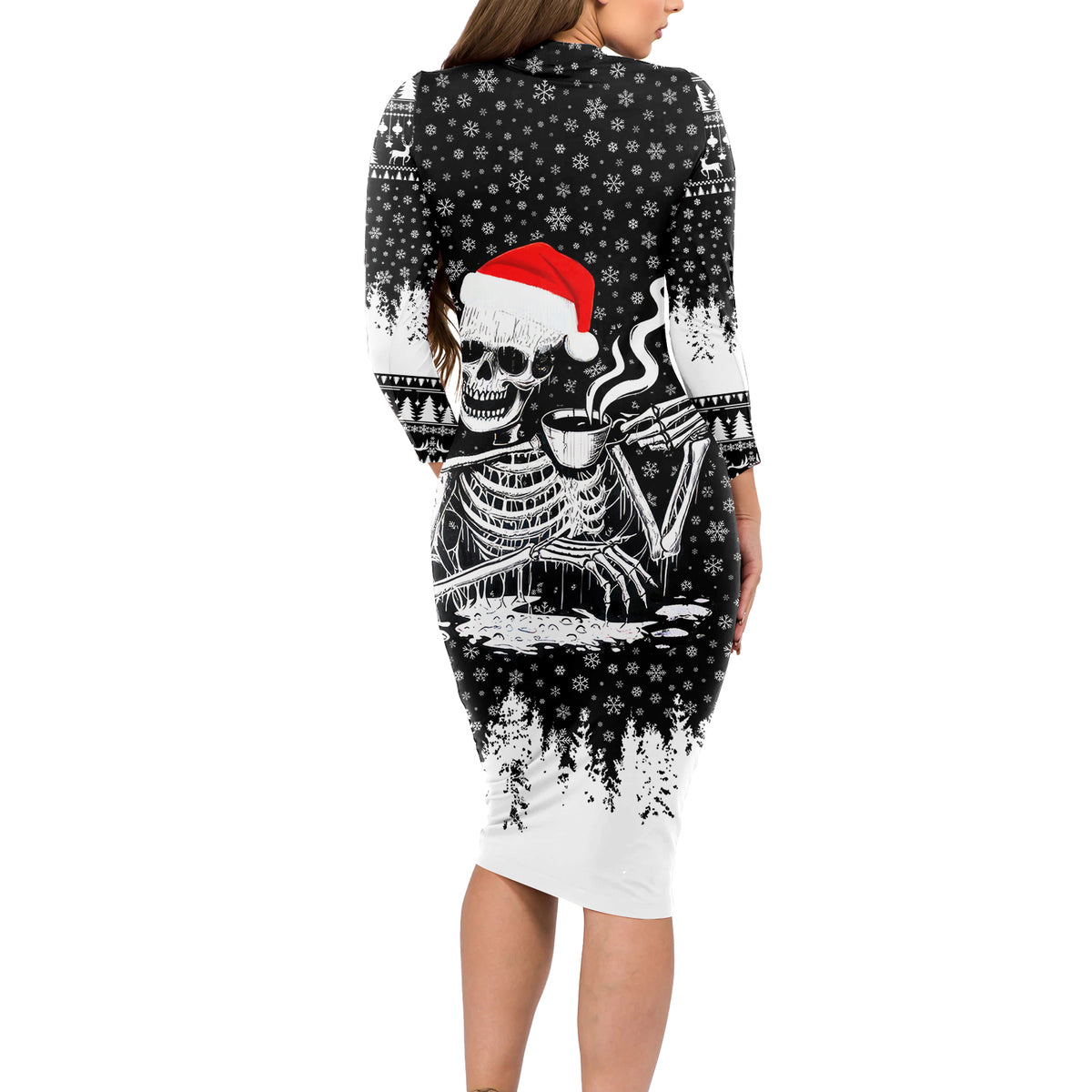 Skeleton Santa Claus Long Sleeve Bodycon Dress Scary Skeleton Santa Claus Coming - Wonder Print Shop
