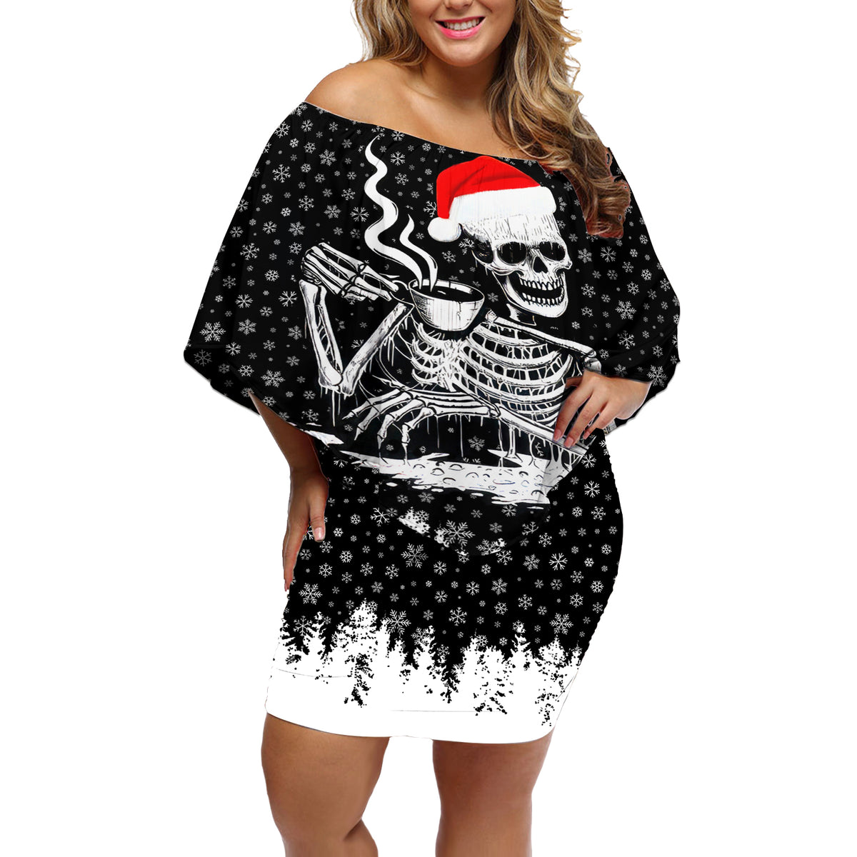 Skeleton Santa Claus Off Shoulder Short Dress Scary Skeleton Santa Claus Coming - Wonder Print Shop