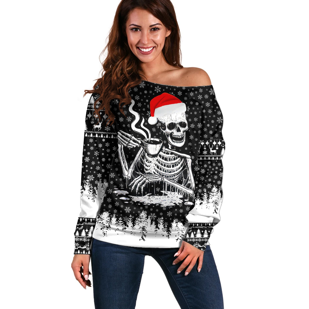 Skeleton Santa Claus Off Shoulder Sweater Scary Skeleton Santa Claus Coming - Wonder Print Shop