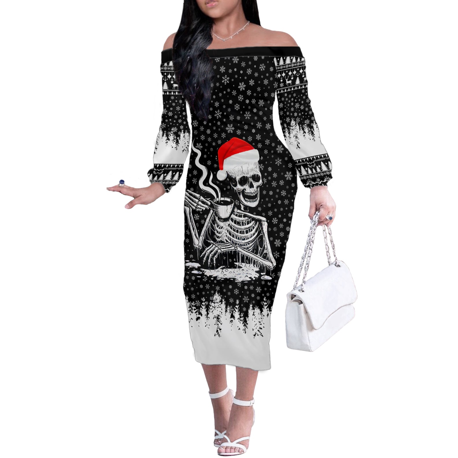 Skeleton Santa Claus Off The Shoulder Long Sleeve Dress Scary Skeleton Santa Claus Coming - Wonder Print Shop