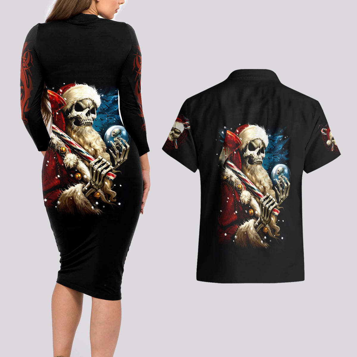 Skeleton Santa Claus Couples Matching Long Sleeve Bodycon Dress and Hawaiian Shirt Santa Claus Is Coming To Town - Wonder Print Shop