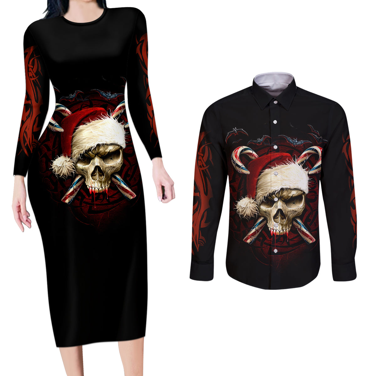 Skeleton Santa Claus Couples Matching Long Sleeve Bodycon Dress and Long Sleeve Button Shirt Santa Claus Is Coming To Town - Wonder Print Shop