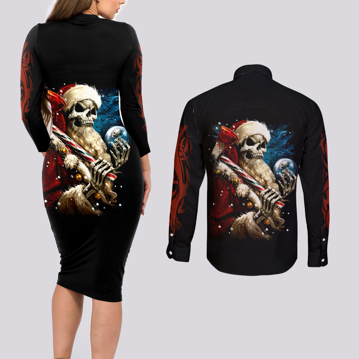 Skeleton Santa Claus Couples Matching Long Sleeve Bodycon Dress and Long Sleeve Button Shirt Santa Claus Is Coming To Town - Wonder Print Shop