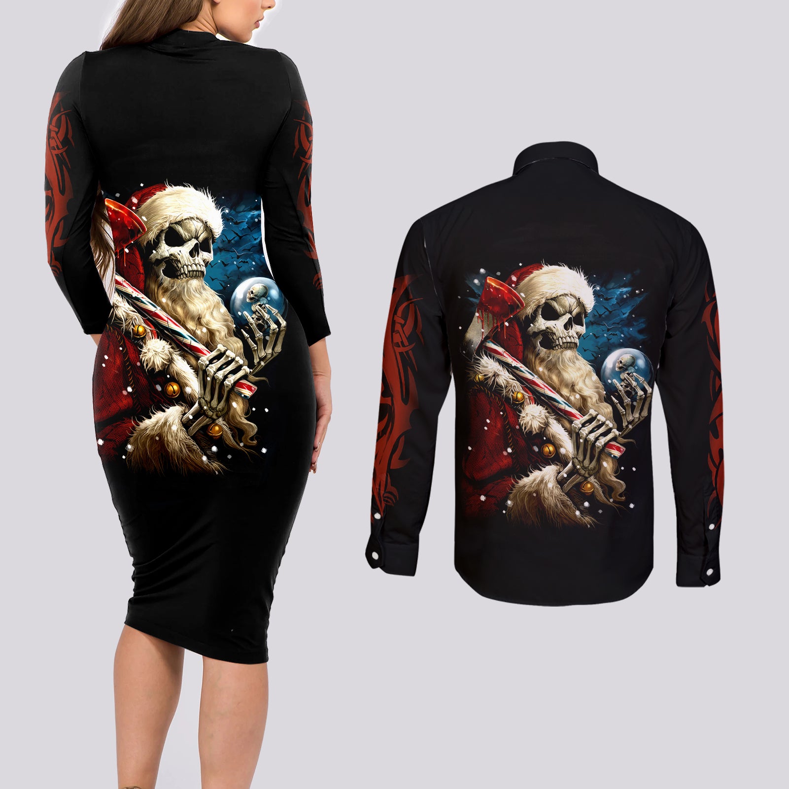 Skeleton Santa Claus Couples Matching Long Sleeve Bodycon Dress and Long Sleeve Button Shirt Santa Claus Is Coming To Town - Wonder Print Shop