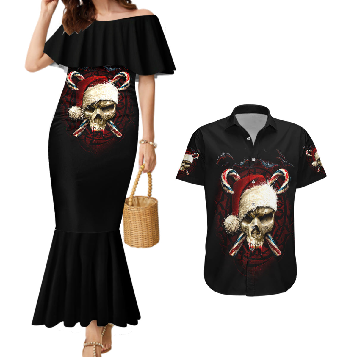 Skeleton Santa Claus Couples Matching Mermaid Dress and Hawaiian Shirt Santa Claus Is Coming To Town - Wonder Print Shop