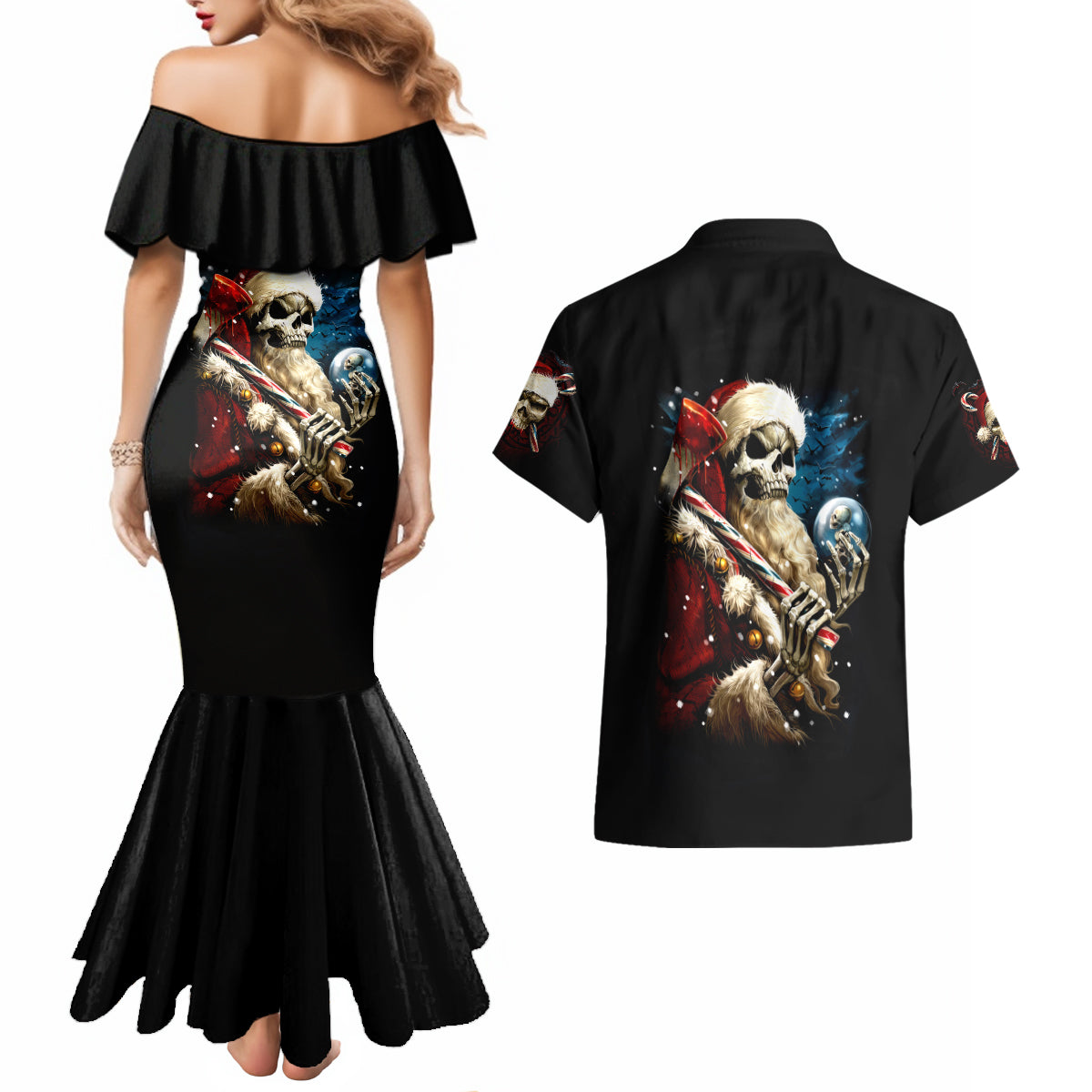Skeleton Santa Claus Couples Matching Mermaid Dress and Hawaiian Shirt Santa Claus Is Coming To Town - Wonder Print Shop