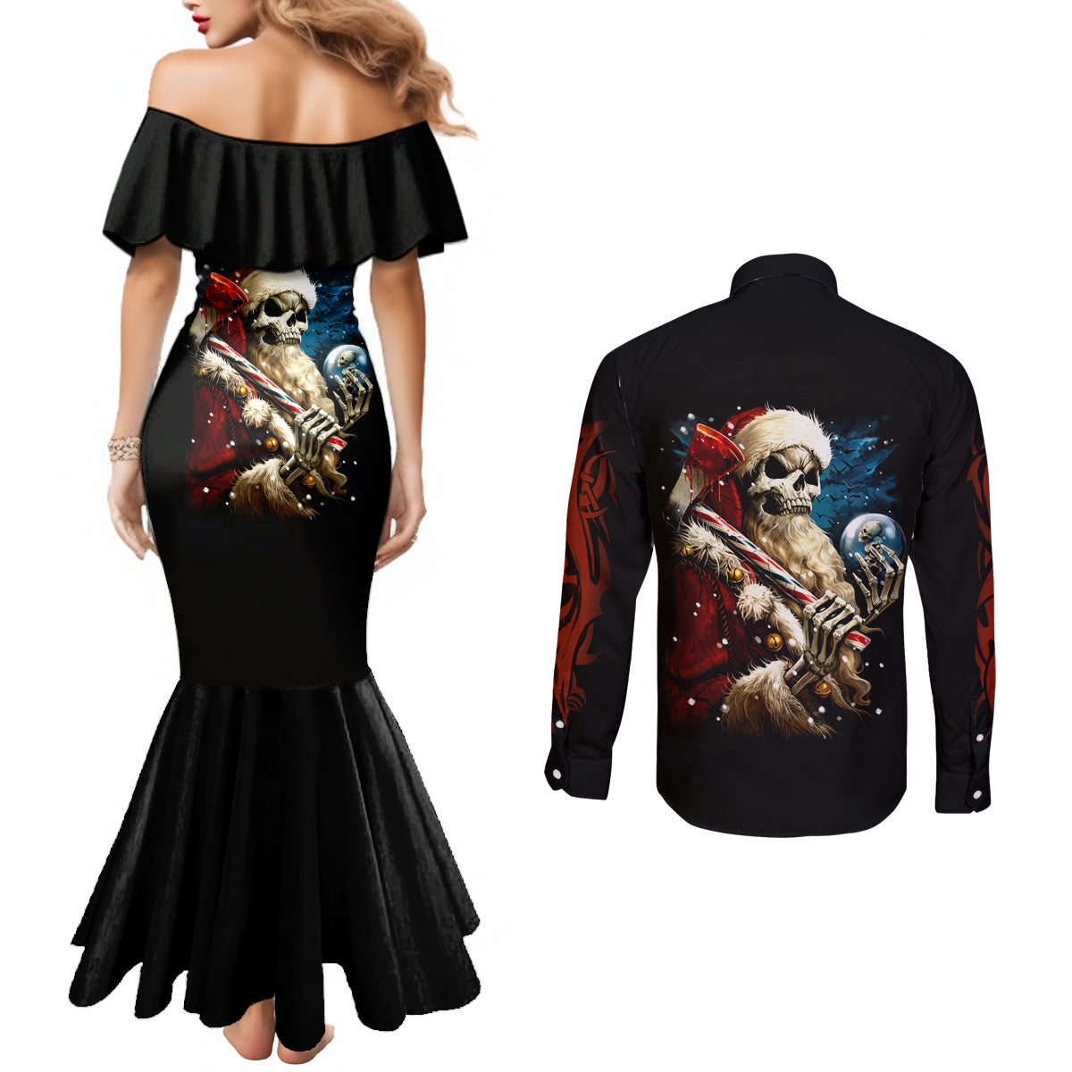 skeleton-santa-claus-couples-matching-mermaid-dress-and-long-sleeve-button-shirt-santa-claus-is-coming-to-town