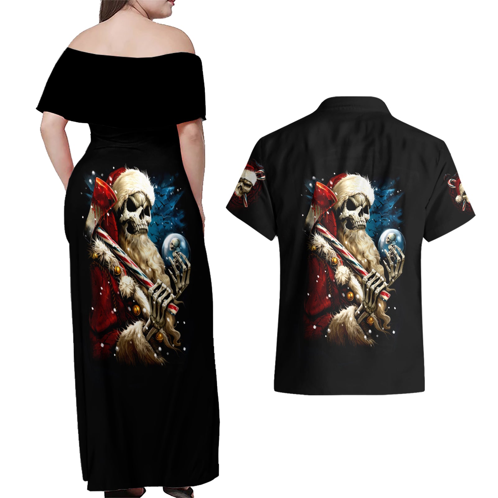 Skeleton Santa Claus Couples Matching Off Shoulder Maxi Dress and Hawaiian Shirt Santa Claus Is Coming To Town - Wonder Print Shop