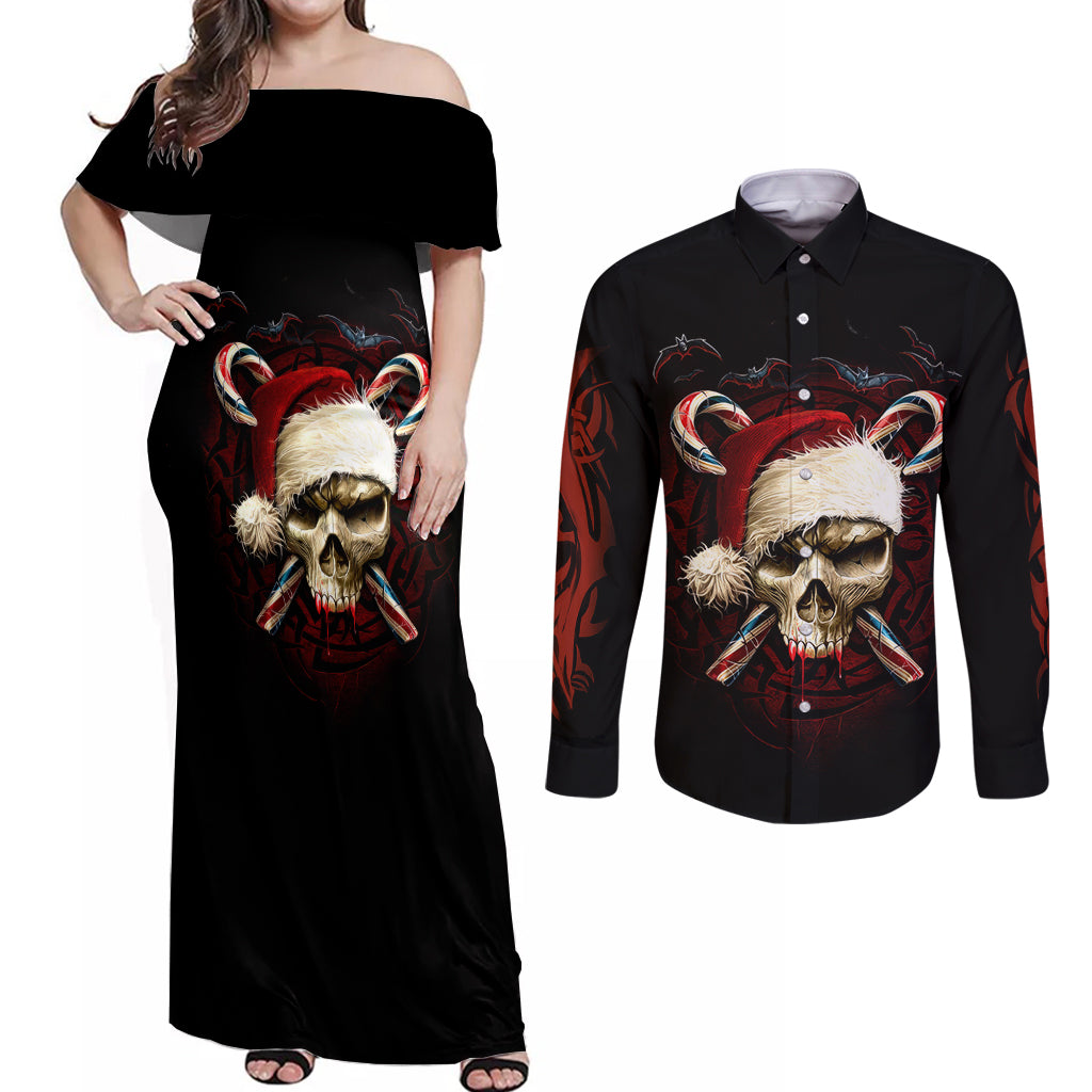 Skeleton Santa Claus Couples Matching Off Shoulder Maxi Dress and Long Sleeve Button Shirt Santa Claus Is Coming To Town - Wonder Print Shop