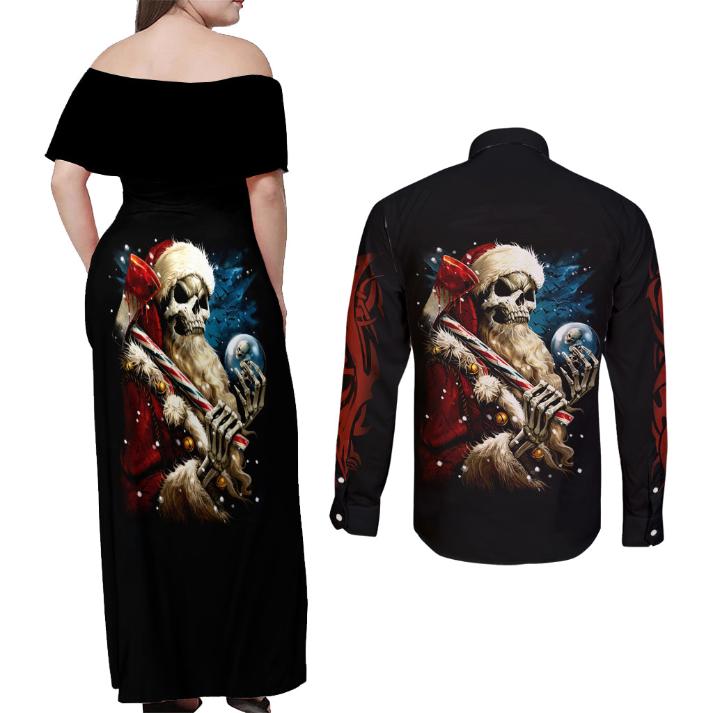 Skeleton Santa Claus Couples Matching Off Shoulder Maxi Dress and Long Sleeve Button Shirt Santa Claus Is Coming To Town - Wonder Print Shop