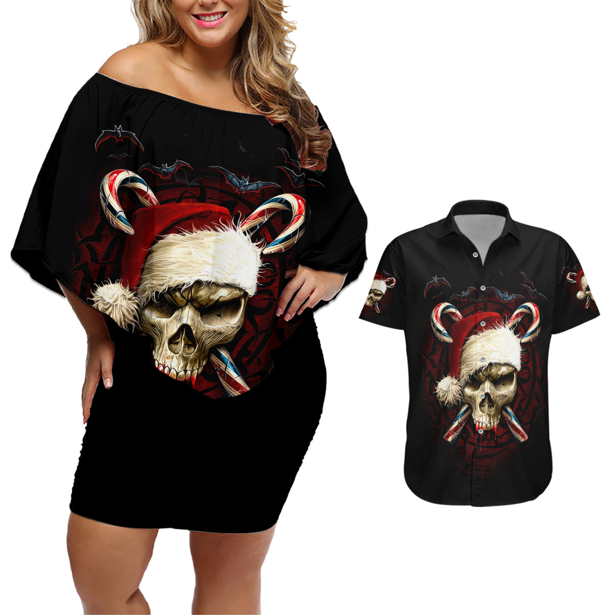 Skeleton Santa Claus Couples Matching Off Shoulder Short Dress and Hawaiian Shirt Santa Claus Is Coming To Town - Wonder Print Shop