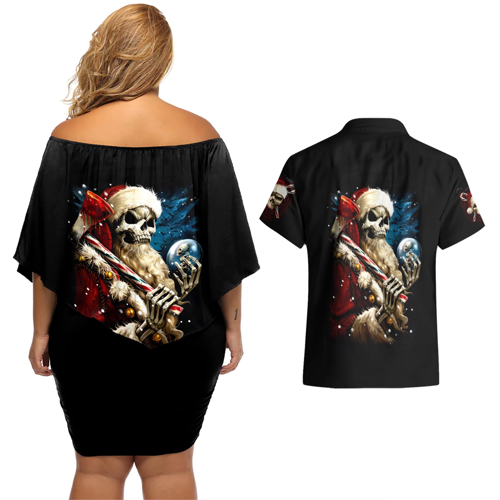 Skeleton Santa Claus Couples Matching Off Shoulder Short Dress and Hawaiian Shirt Santa Claus Is Coming To Town - Wonder Print Shop