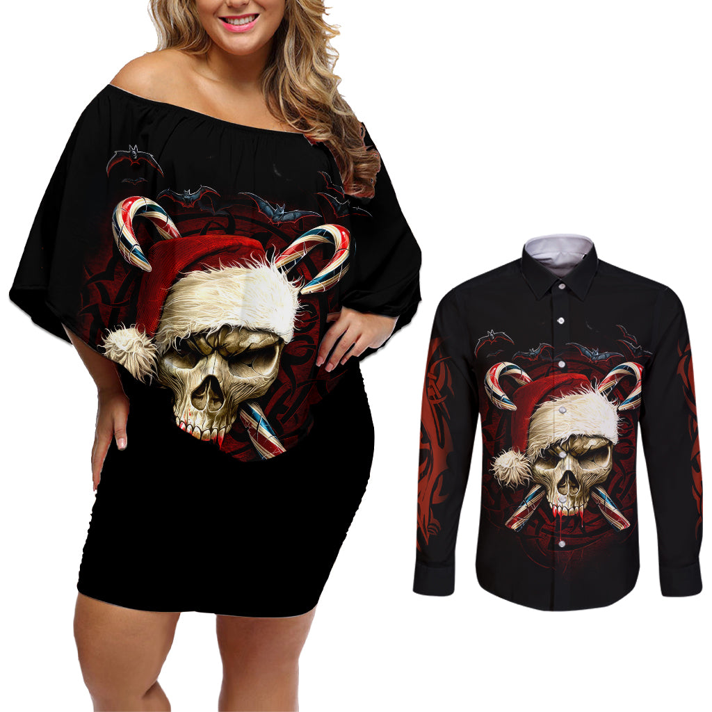Skeleton Santa Claus Couples Matching Off Shoulder Short Dress and Long Sleeve Button Shirt Santa Claus Is Coming To Town - Wonder Print Shop