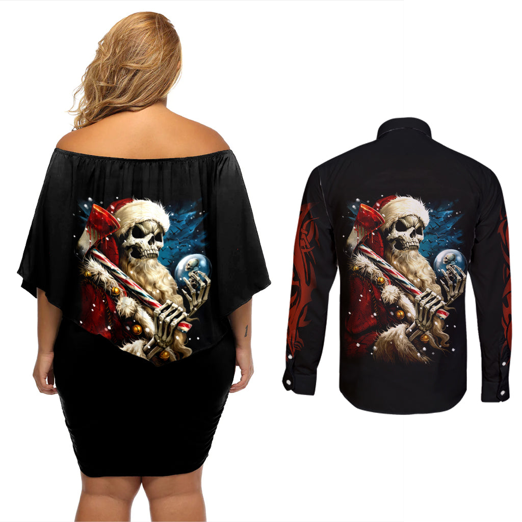 Skeleton Santa Claus Couples Matching Off Shoulder Short Dress and Long Sleeve Button Shirt Santa Claus Is Coming To Town - Wonder Print Shop