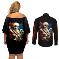 Skeleton Santa Claus Couples Matching Off Shoulder Short Dress and Long Sleeve Button Shirt Santa Claus Is Coming To Town - Wonder Print Shop