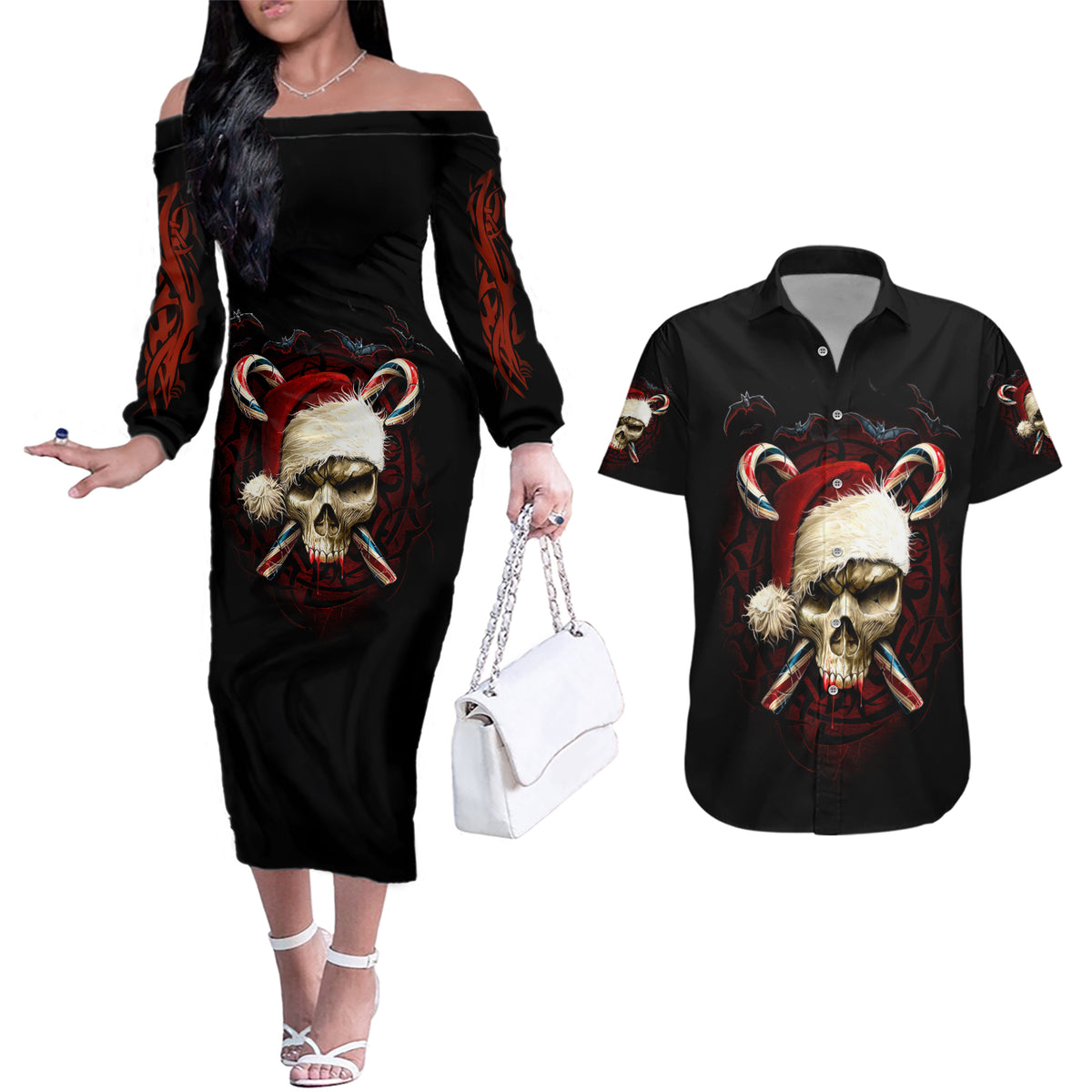 Skeleton Santa Claus Couples Matching Off The Shoulder Long Sleeve Dress and Hawaiian Shirt Santa Claus Is Coming To Town - Wonder Print Shop