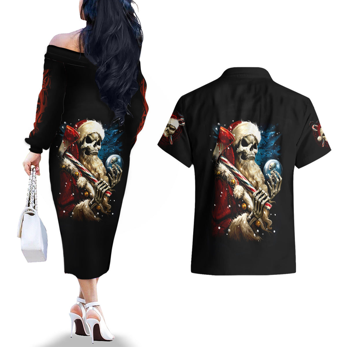 Skeleton Santa Claus Couples Matching Off The Shoulder Long Sleeve Dress and Hawaiian Shirt Santa Claus Is Coming To Town - Wonder Print Shop