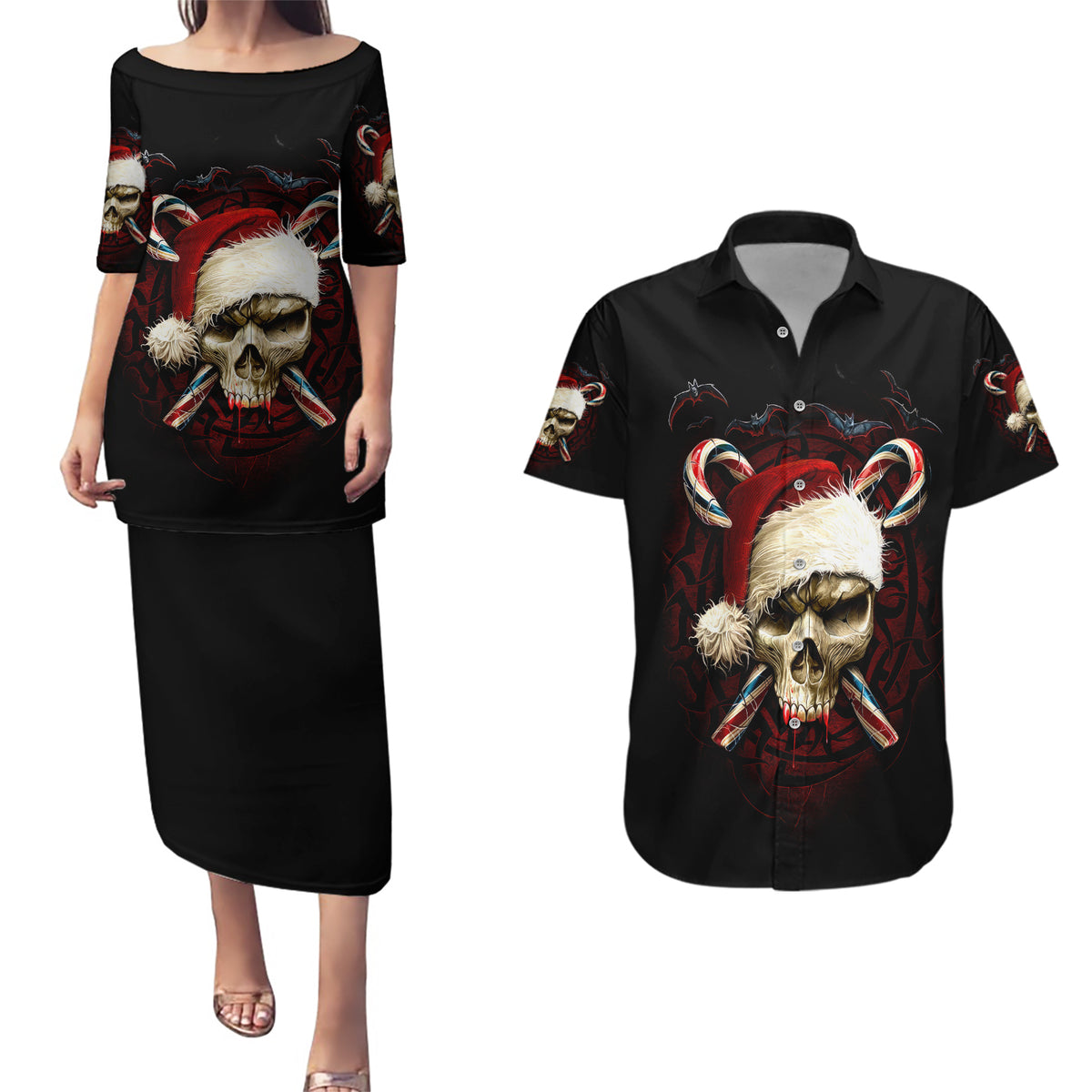 Skeleton Santa Claus Couples Matching Puletasi Dress and Hawaiian Shirt Santa Claus Is Coming To Town - Wonder Print Shop