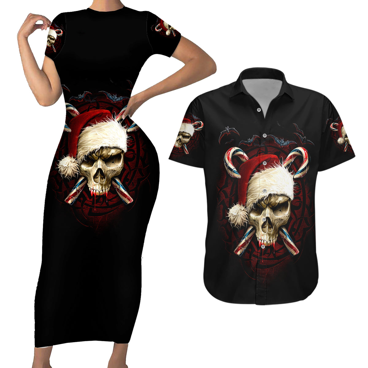 Skeleton Santa Claus Couples Matching Short Sleeve Bodycon Dress and Hawaiian Shirt Santa Claus Is Coming To Town - Wonder Print Shop