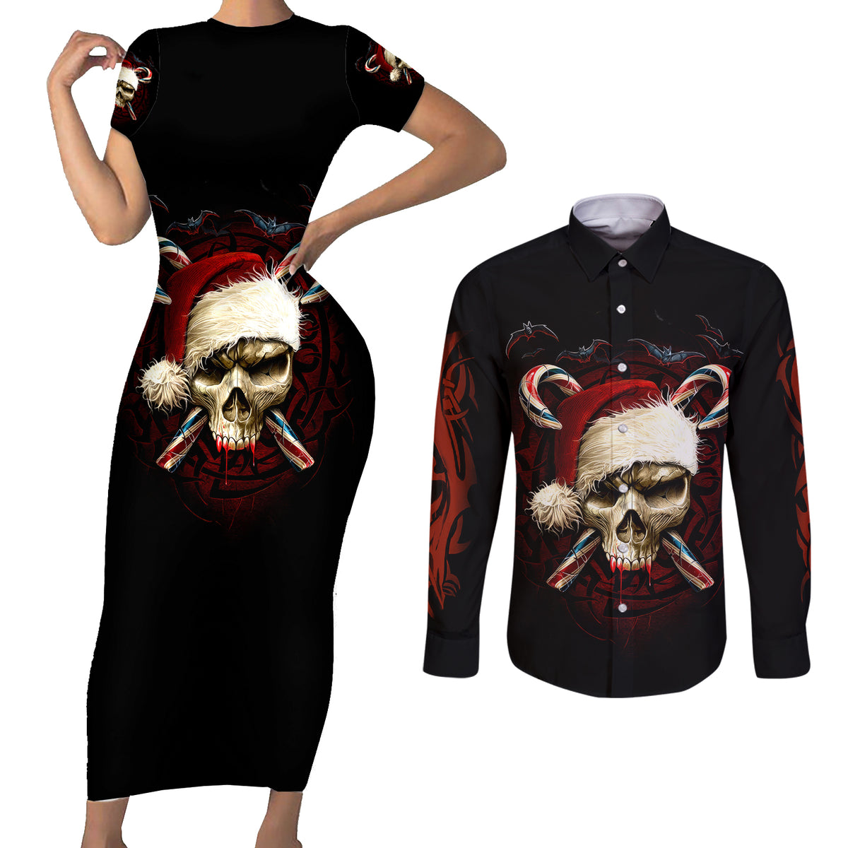 Skeleton Santa Claus Couples Matching Short Sleeve Bodycon Dress and Long Sleeve Button Shirt Santa Claus Is Coming To Town - Wonder Print Shop