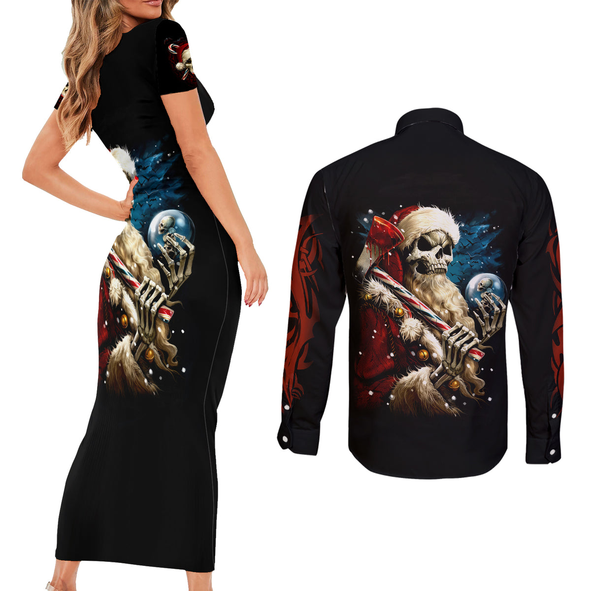 Skeleton Santa Claus Couples Matching Short Sleeve Bodycon Dress and Long Sleeve Button Shirt Santa Claus Is Coming To Town - Wonder Print Shop