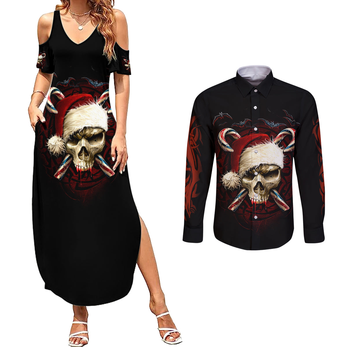 Skeleton Santa Claus Couples Matching Summer Maxi Dress and Long Sleeve Button Shirt Santa Claus Is Coming To Town - Wonder Print Shop