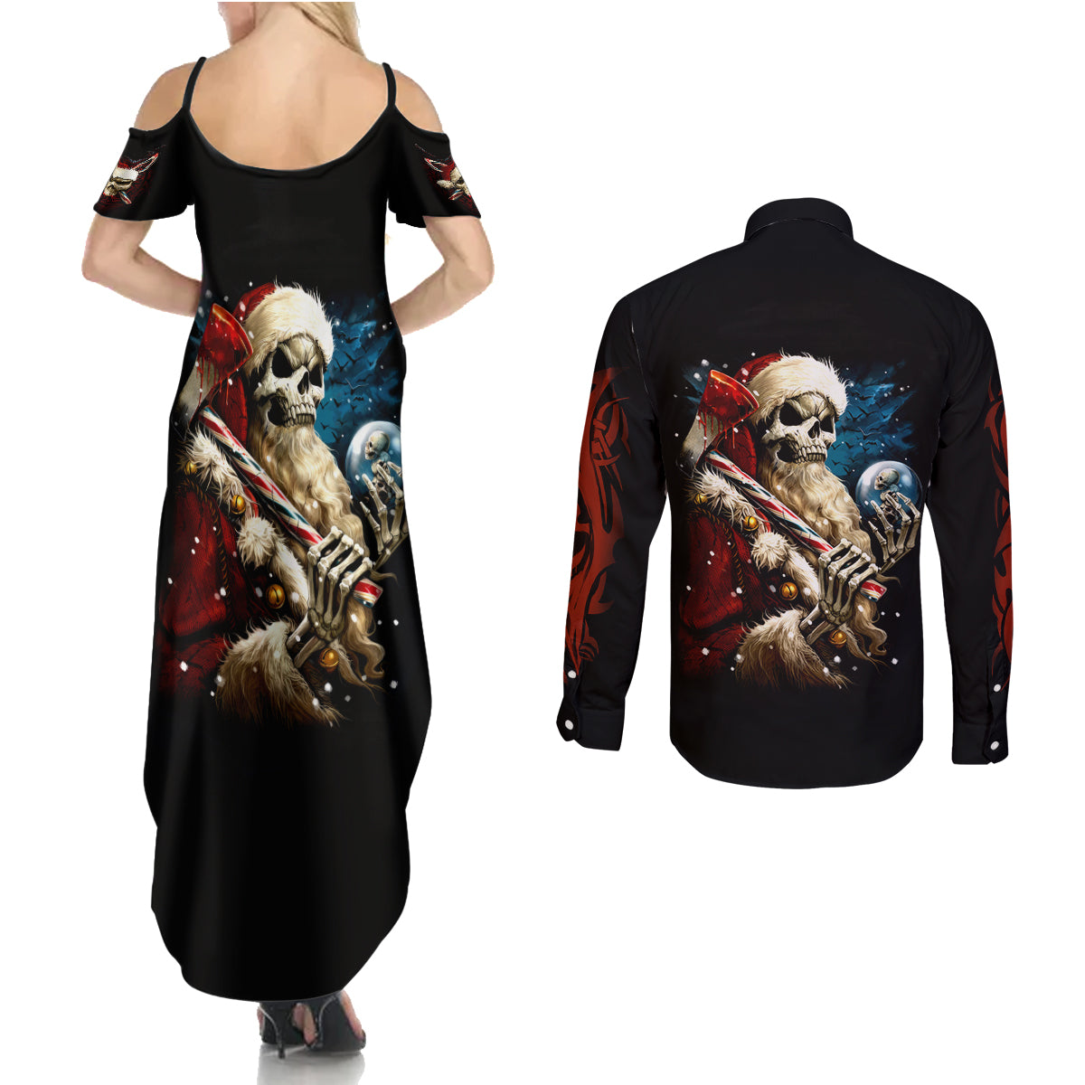Skeleton Santa Claus Couples Matching Summer Maxi Dress and Long Sleeve Button Shirt Santa Claus Is Coming To Town - Wonder Print Shop