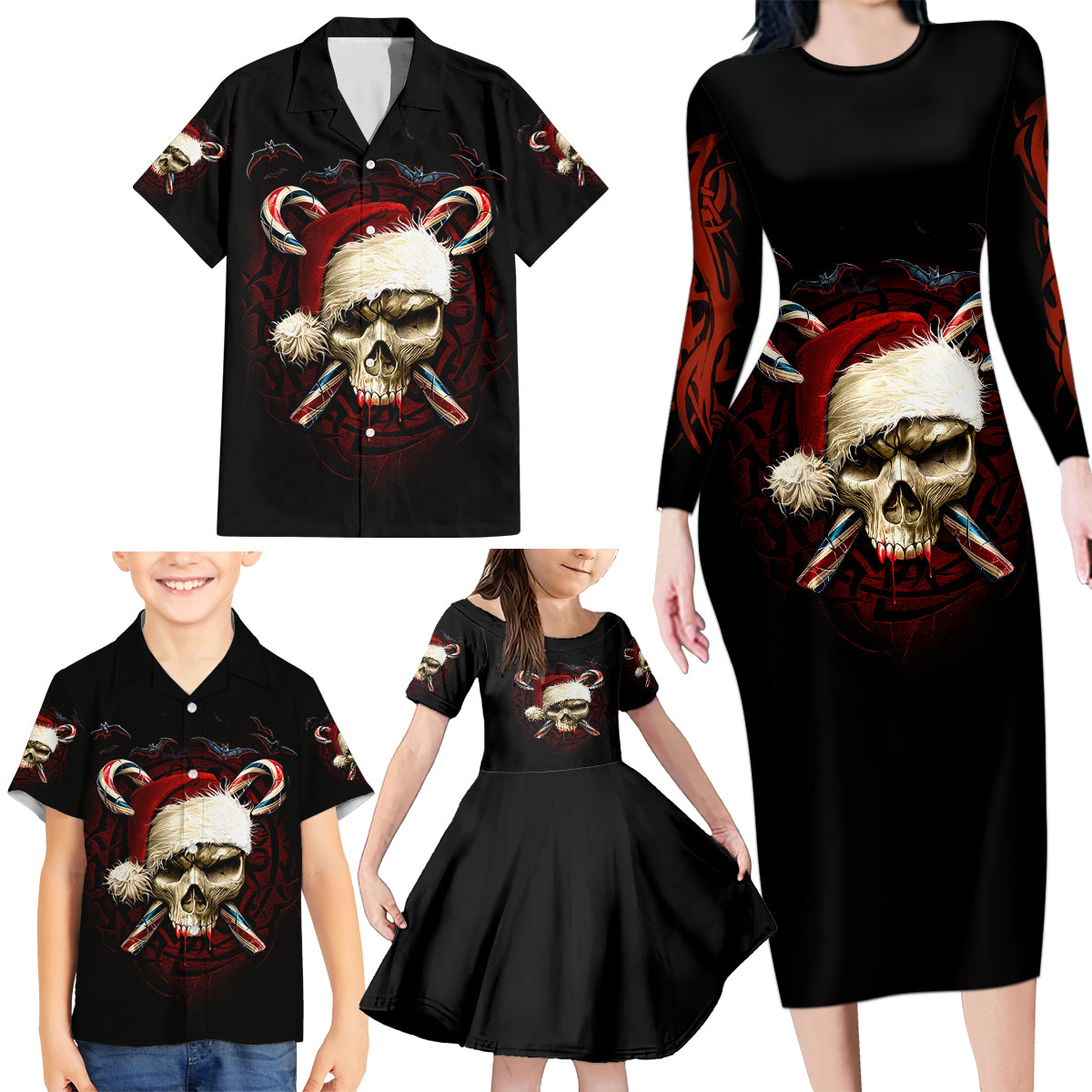 Skeleton Santa Claus Family Matching Long Sleeve Bodycon Dress and Hawaiian Shirt Santa Claus Is Coming To Town - Wonder Print Shop