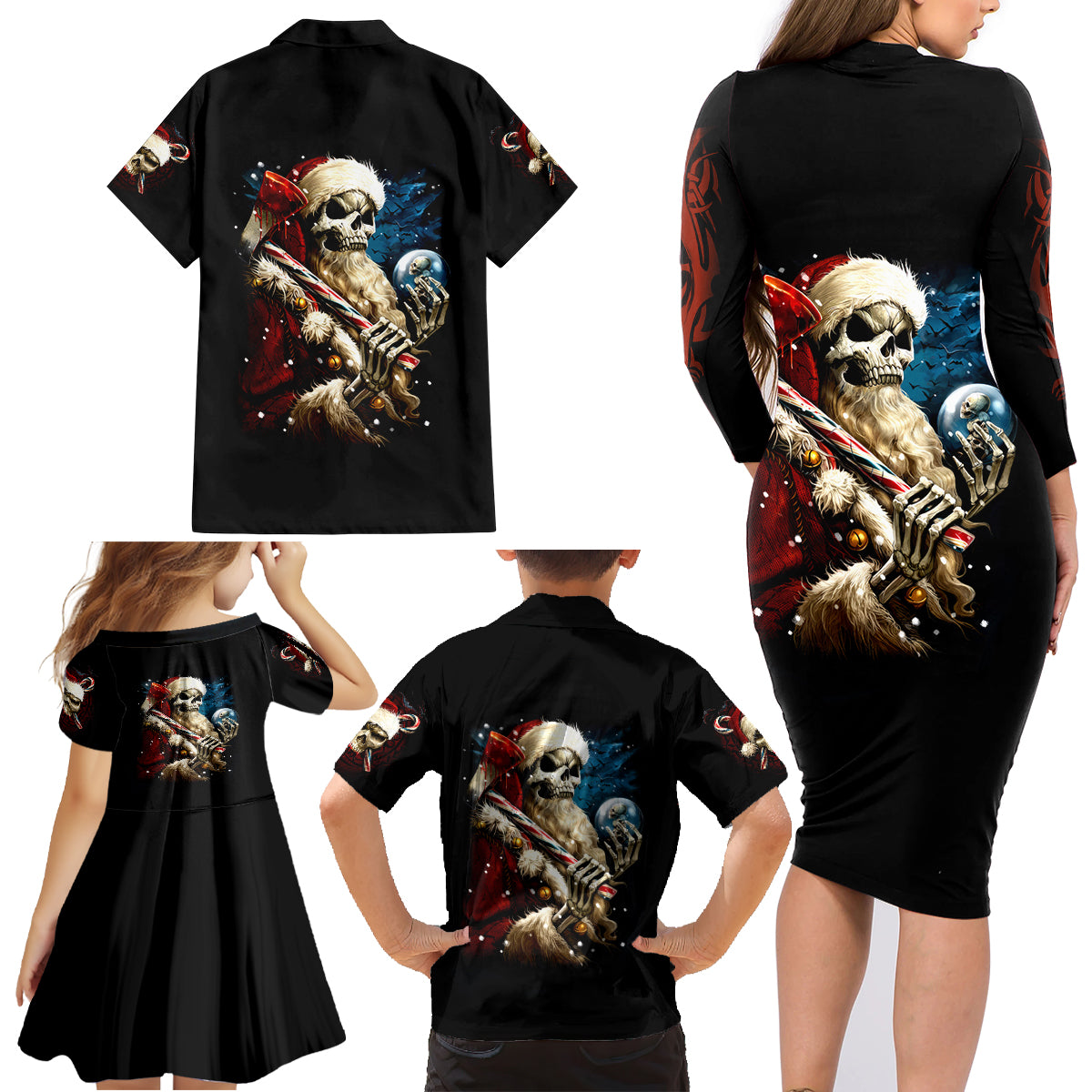 Skeleton Santa Claus Family Matching Long Sleeve Bodycon Dress and Hawaiian Shirt Santa Claus Is Coming To Town - Wonder Print Shop
