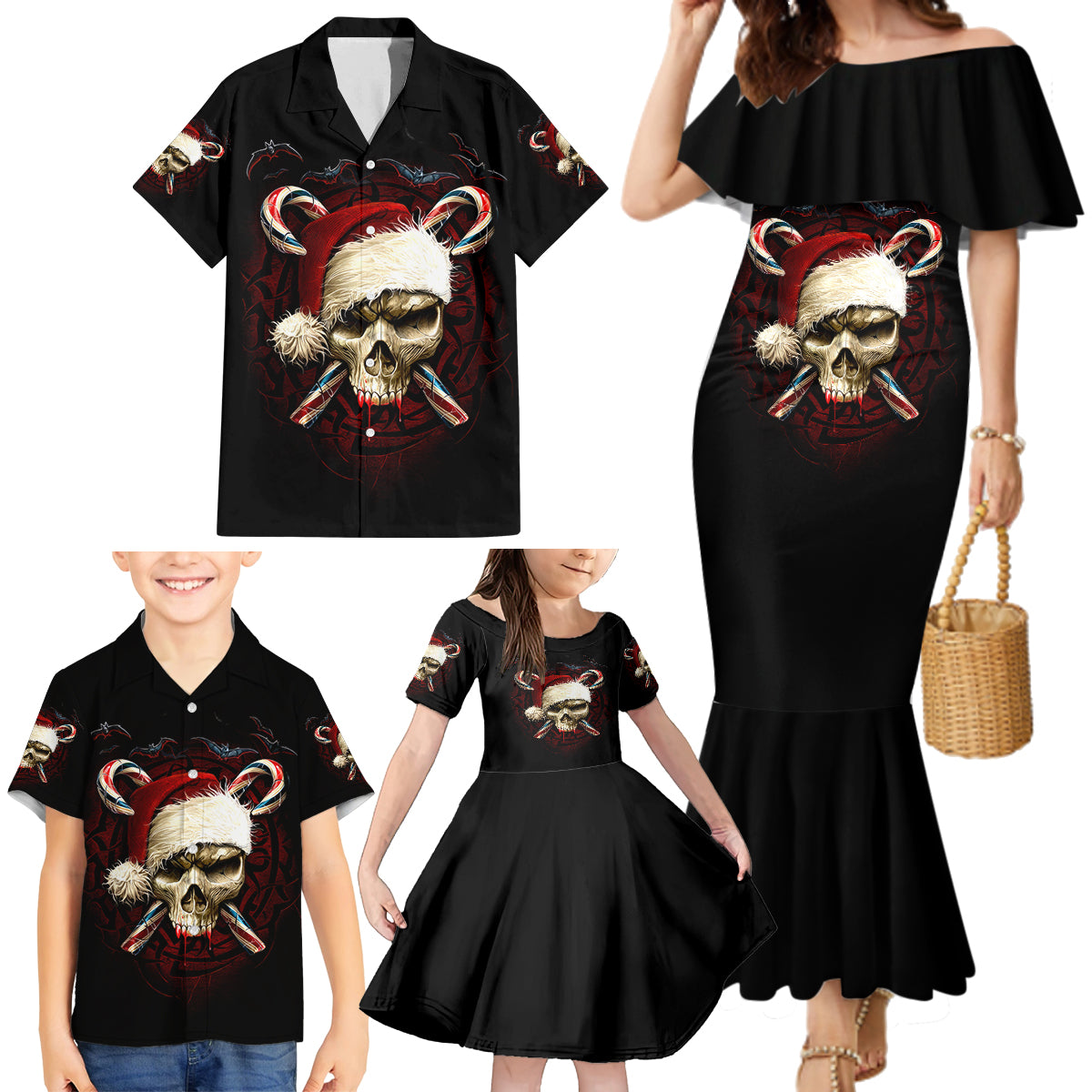 Skeleton Santa Claus Family Matching Mermaid Dress and Hawaiian Shirt Santa Claus Is Coming To Town - Wonder Print Shop