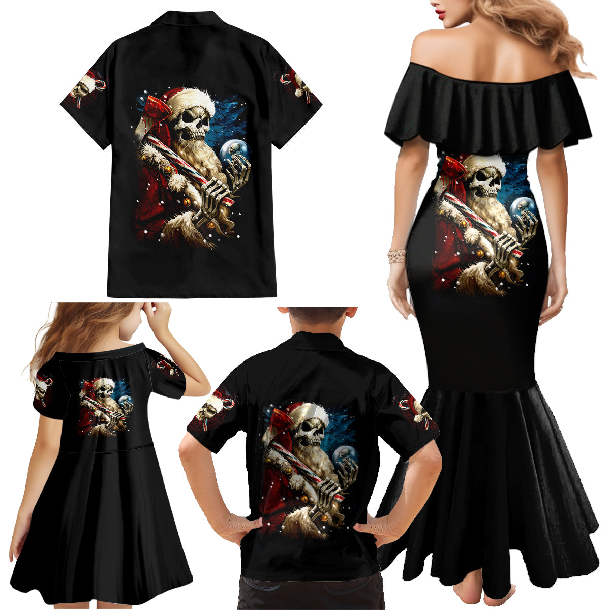 Skeleton Santa Claus Family Matching Mermaid Dress and Hawaiian Shirt Santa Claus Is Coming To Town - Wonder Print Shop