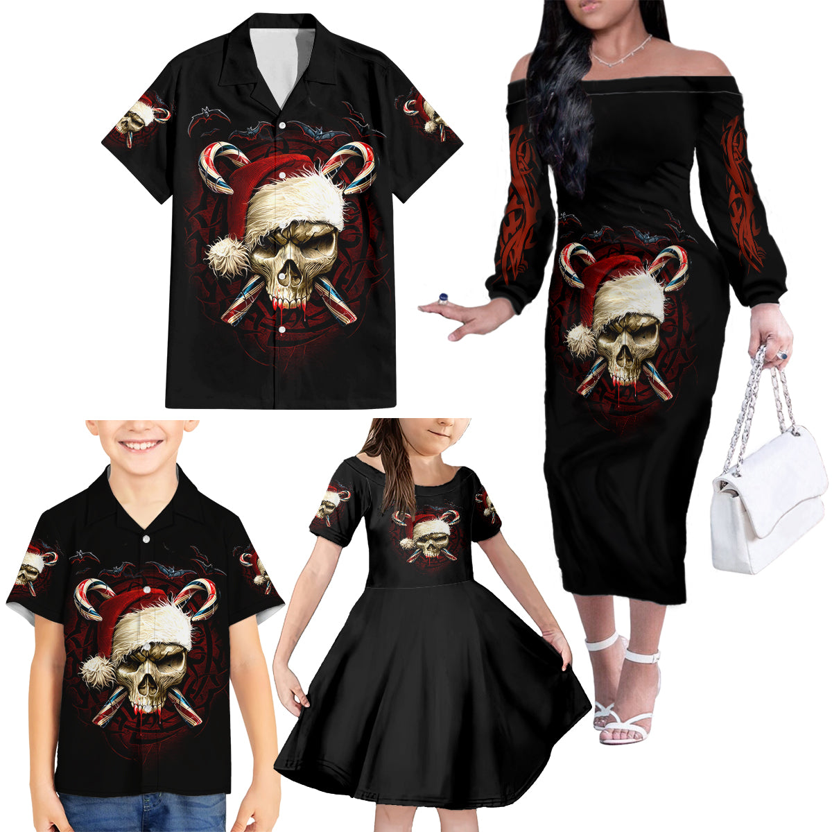 Skeleton Santa Claus Family Matching Off Shoulder Long Sleeve Dress and Hawaiian Shirt Santa Claus Is Coming To Town - Wonder Print Shop