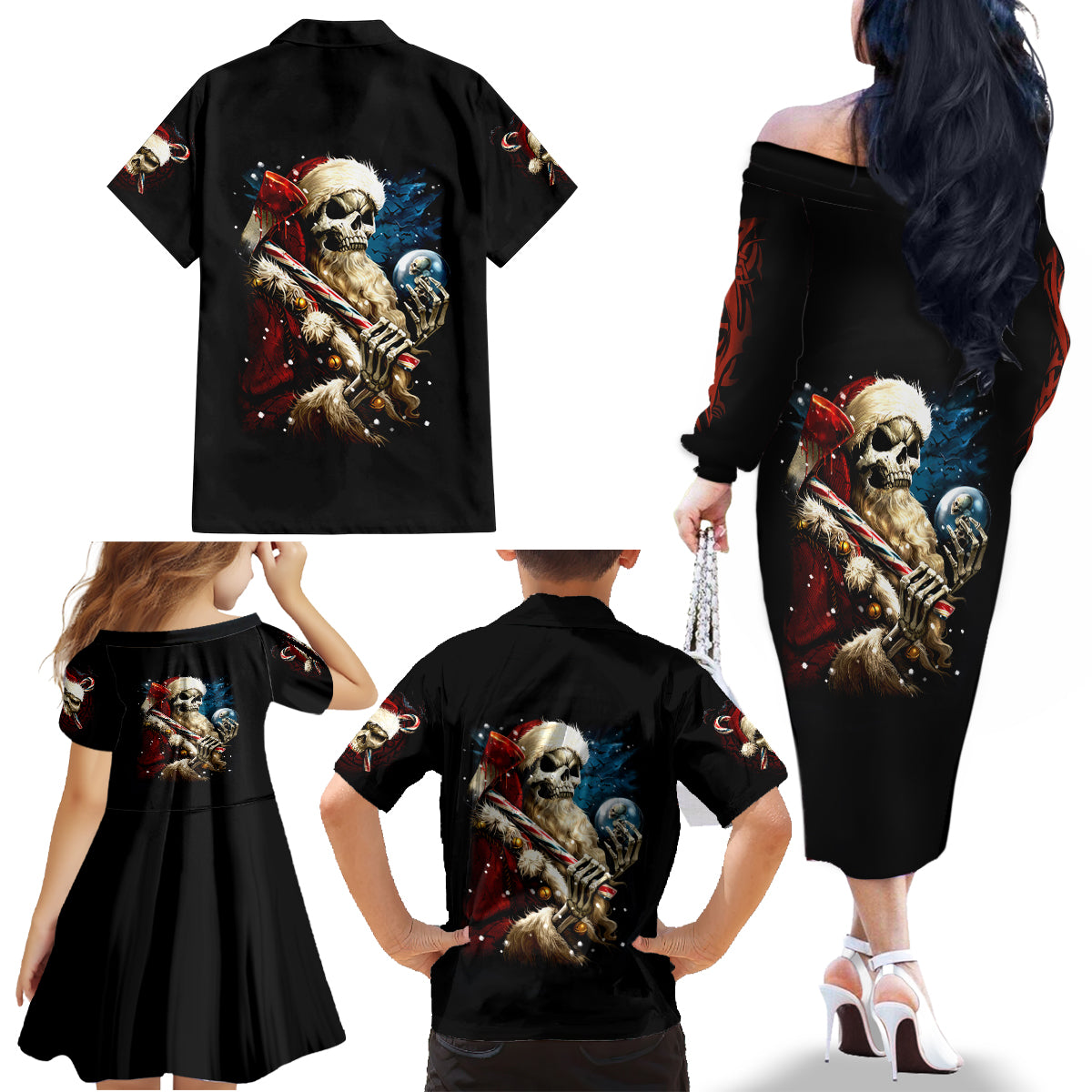 Skeleton Santa Claus Family Matching Off Shoulder Long Sleeve Dress and Hawaiian Shirt Santa Claus Is Coming To Town - Wonder Print Shop