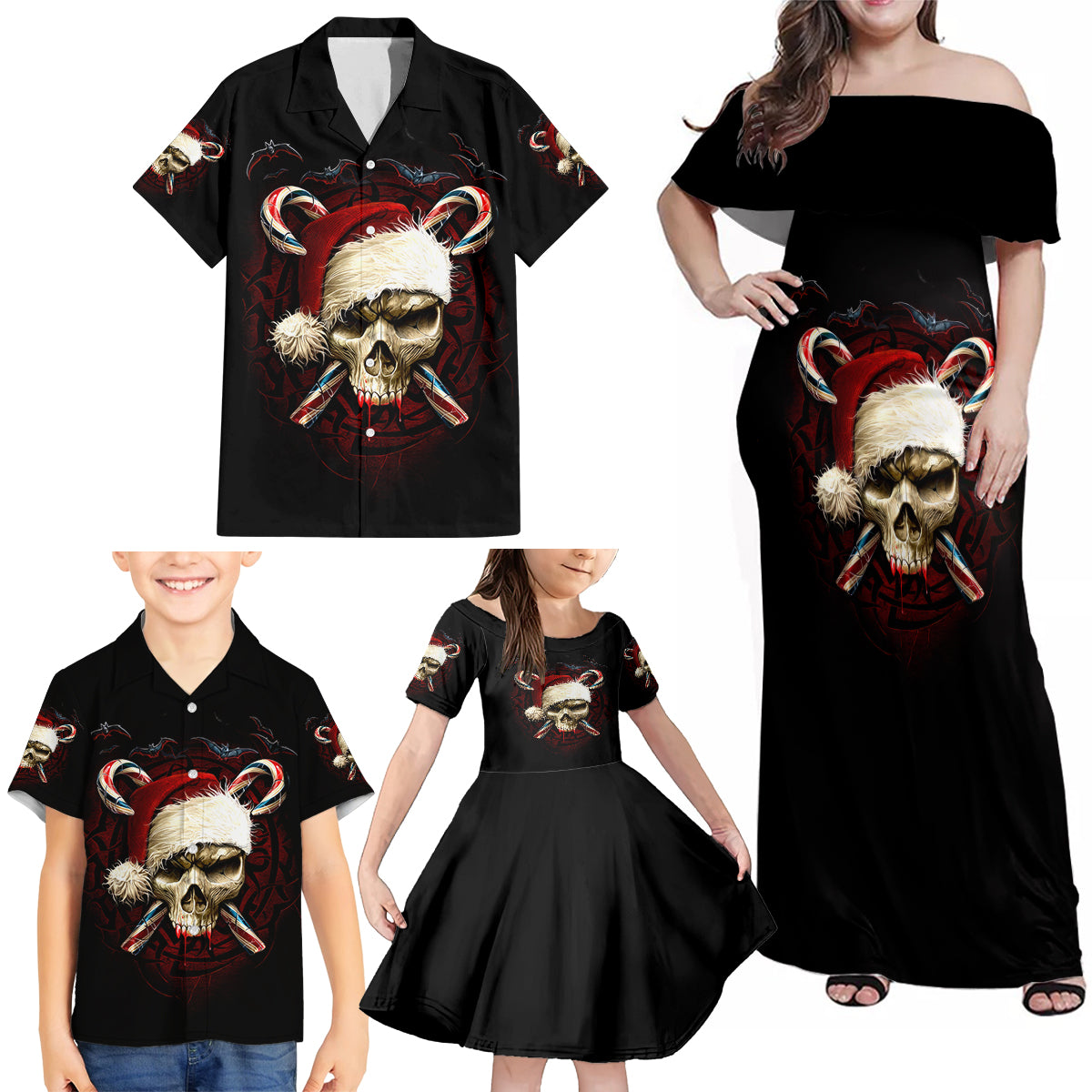 Skeleton Santa Claus Family Matching Off Shoulder Maxi Dress and Hawaiian Shirt Santa Claus Is Coming To Town - Wonder Print Shop