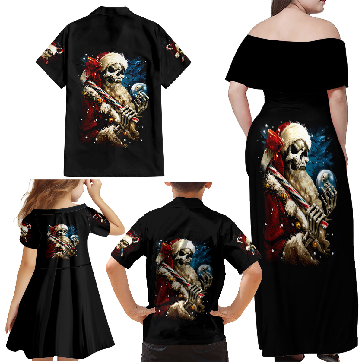 Skeleton Santa Claus Family Matching Off Shoulder Maxi Dress and Hawaiian Shirt Santa Claus Is Coming To Town - Wonder Print Shop