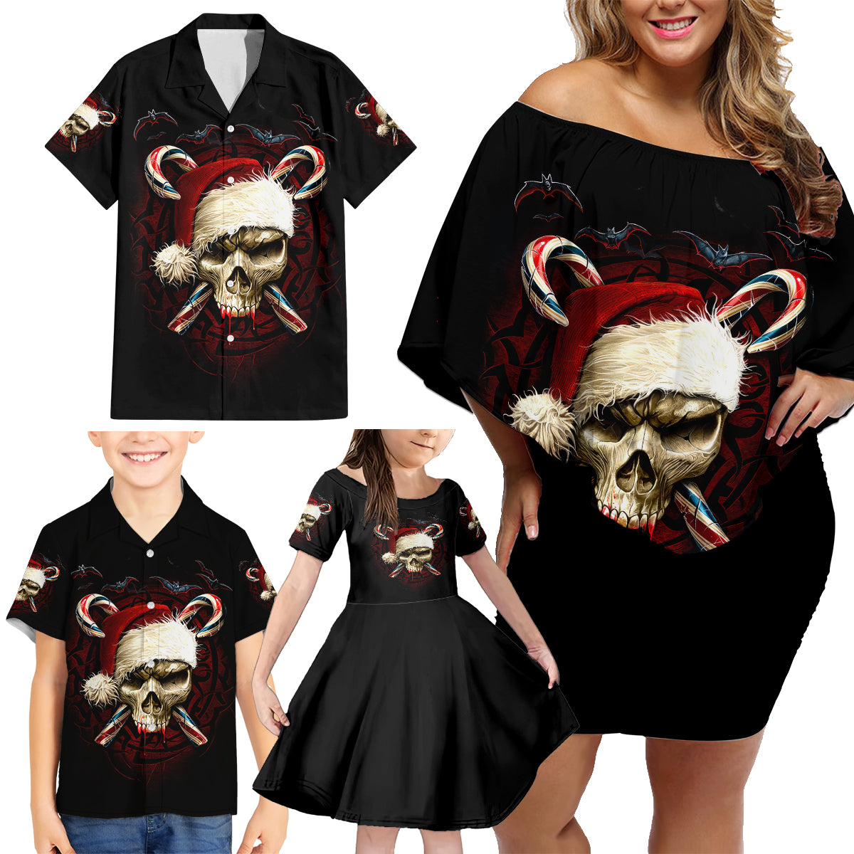 Skeleton Santa Claus Family Matching Off Shoulder Short Dress and Hawaiian Shirt Santa Claus Is Coming To Town - Wonder Print Shop