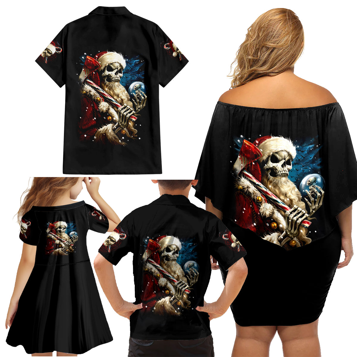 Skeleton Santa Claus Family Matching Off Shoulder Short Dress and Hawaiian Shirt Santa Claus Is Coming To Town - Wonder Print Shop