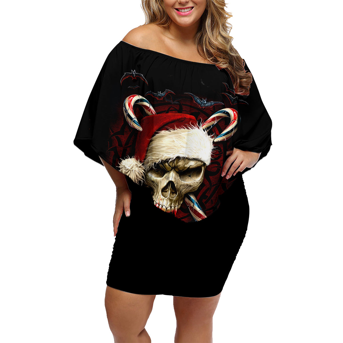 Skeleton Santa Claus Family Matching Off Shoulder Short Dress and Hawaiian Shirt Santa Claus Is Coming To Town - Wonder Print Shop